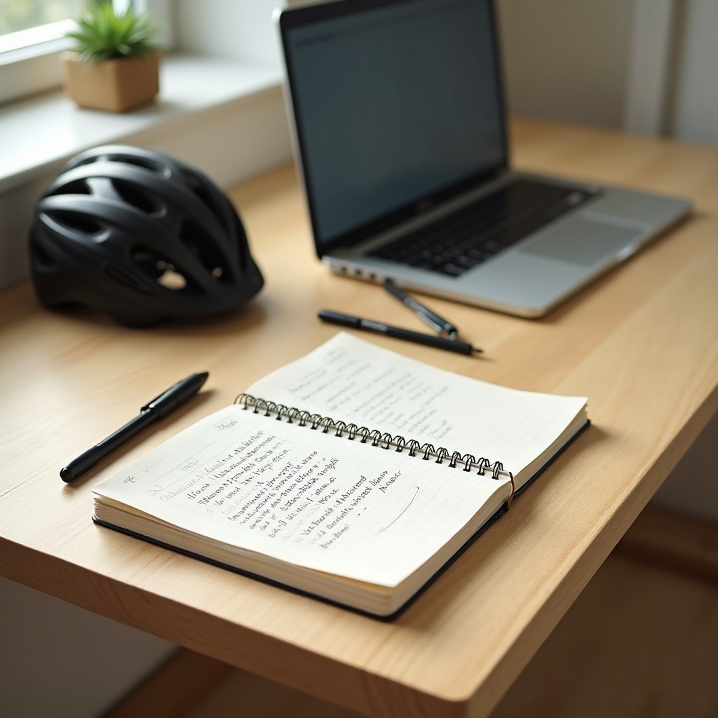 Schreibtisch mit Notizbuch und Fahrradhelm, kein Werbematerial sichtbar