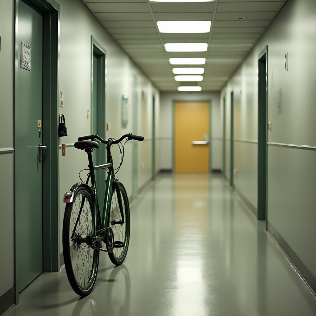Fahrrad im Büroflur abgestellt mit Schloss gesichert