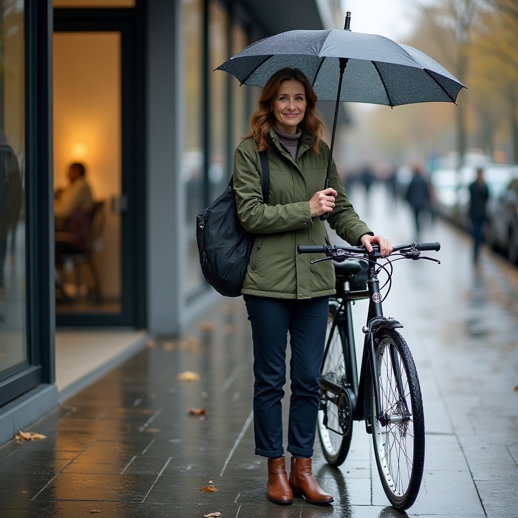 Pendler in normaler Regenkleidung auf dem Weg zur Arbeit
