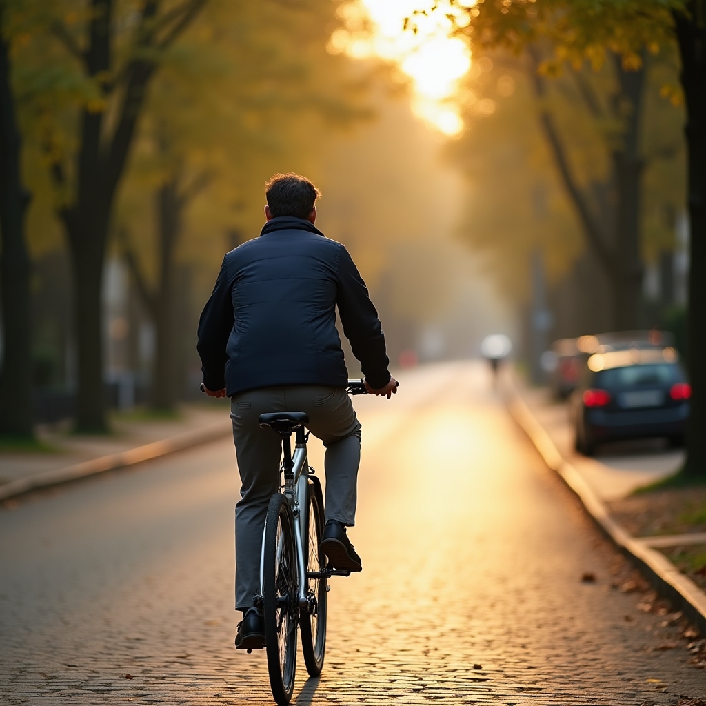 Radfahrer auf einer ruhigen Stadtstraße in Berlin bei Morgenlicht